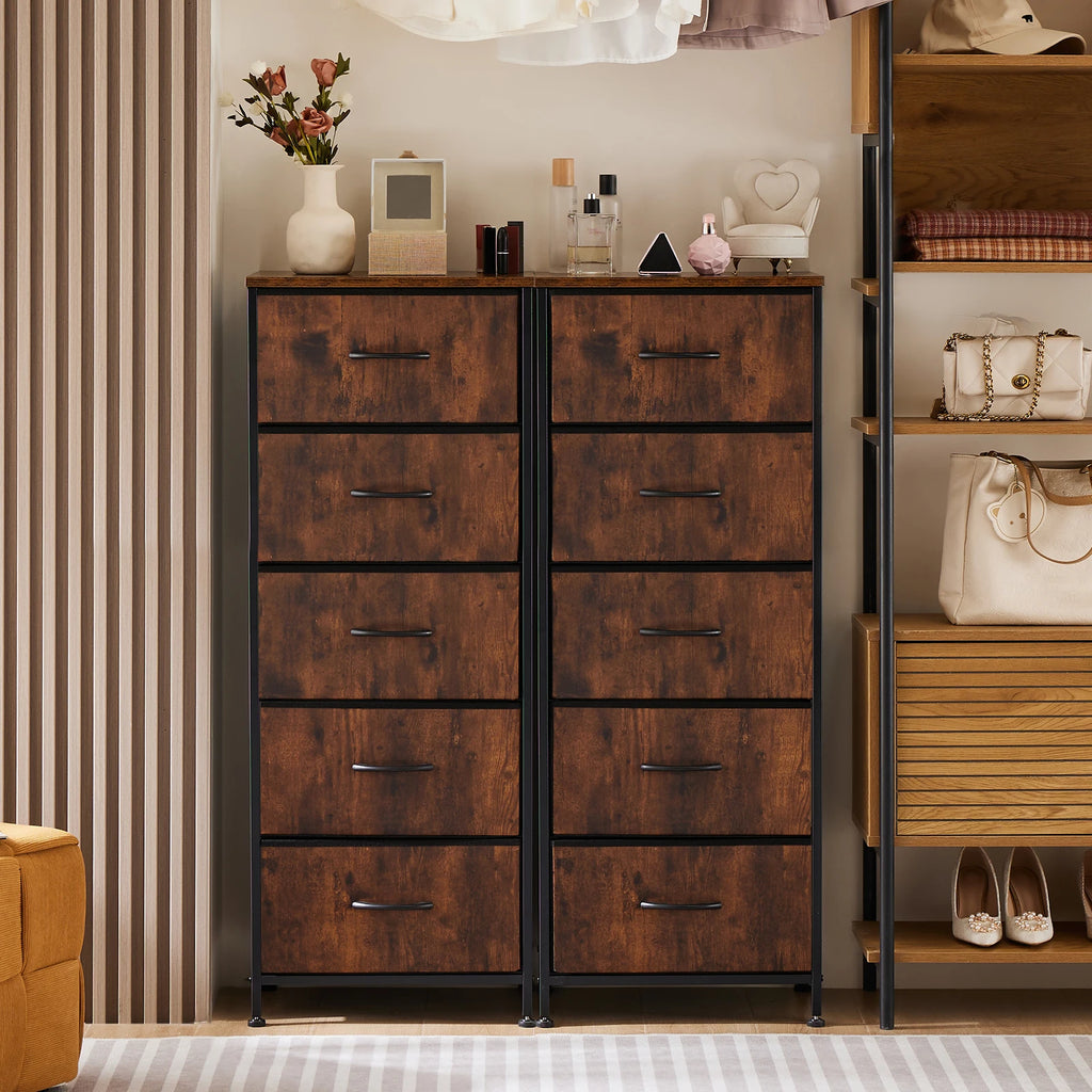 5-Drawer Fabric Tall Dresser with Steel Frame and Wooden Top