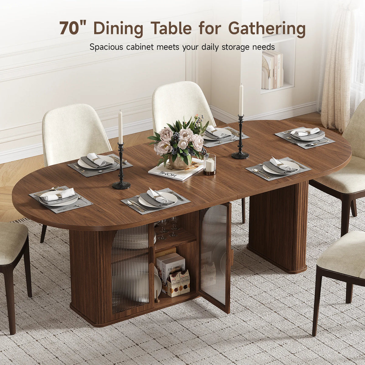 177.8cm Oval Dining Table for 6 to 8 People with Storage LED Light