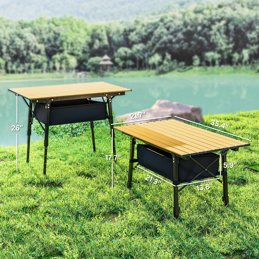 Height Adjustable Folding Camping Table with Storage Basket Portable Aluminum Outdoor Table 90 cm x 55 cm