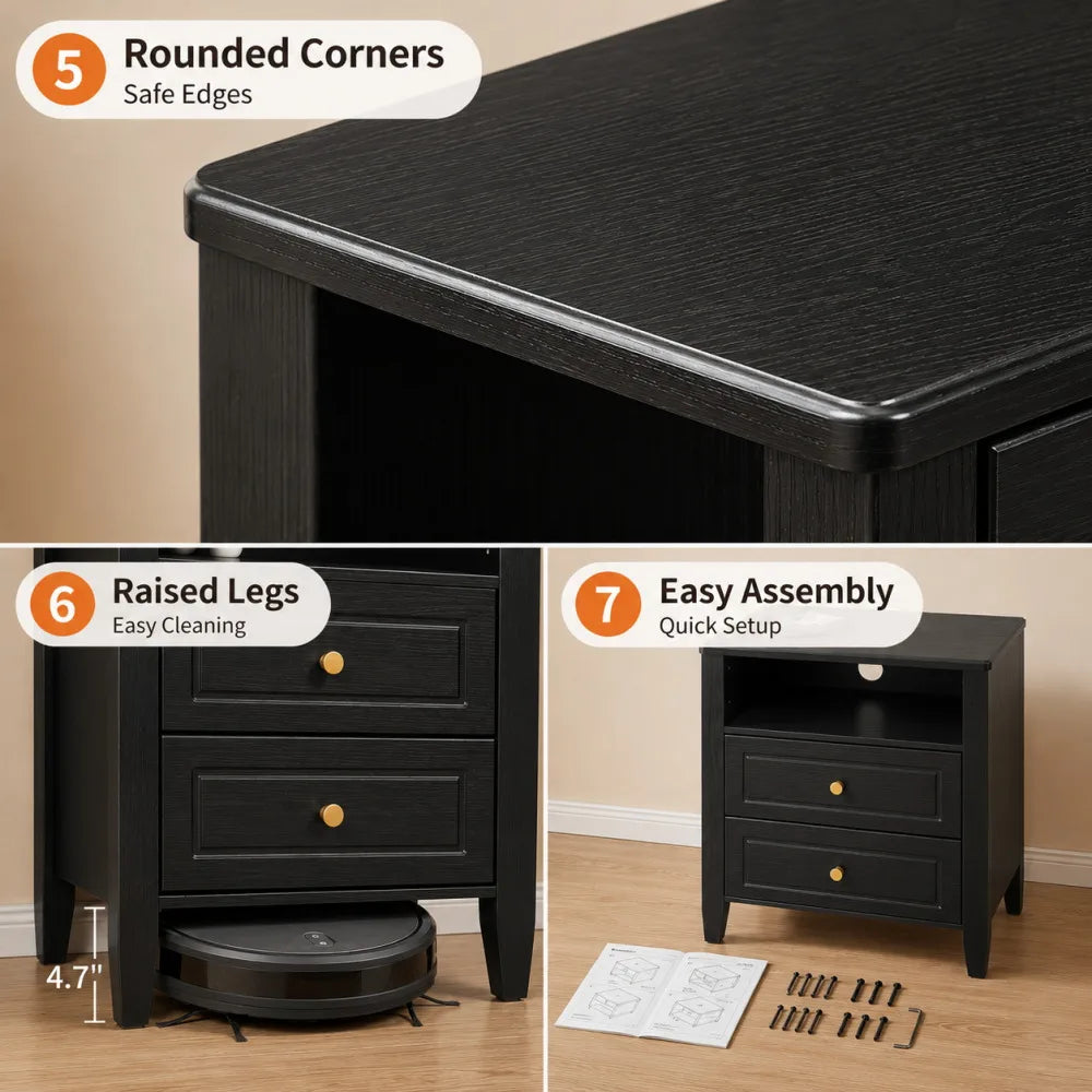 Modern Nightstand with Charging Station 2 Drawers and Open Shelf Bedside Table