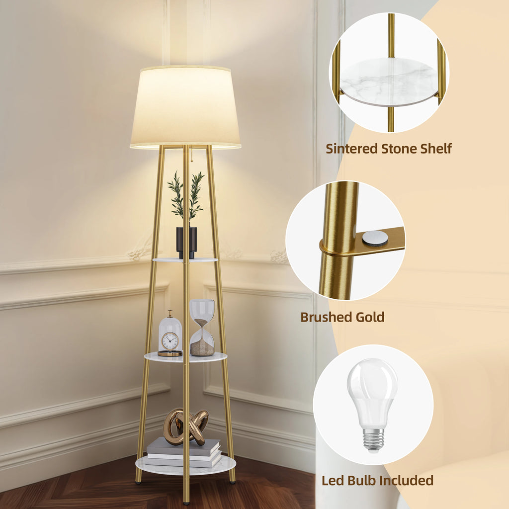 Modern Tripod Floor Lamp Free Standing Light Shade with Shelf Storage for Bedroom Living Room