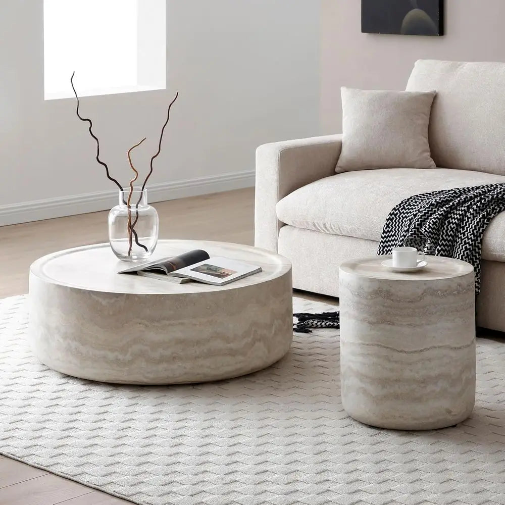 80cm Modern Round Coffee Table Concrete Texture Minimalist Drum Base
