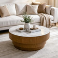 80 cm Modern Round Coffee Table with Sintered Stone Top Wood Veneer Tiered Base Living Room Furniture