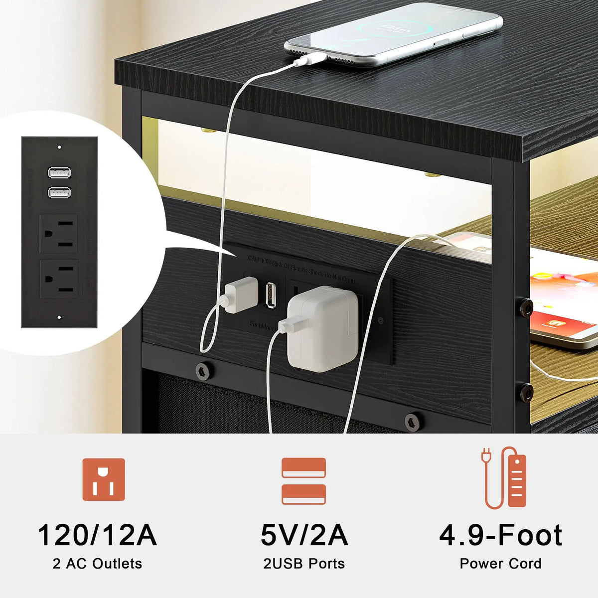 56cm LED Nightstand with 4 Fabric Drawers Charging Station Storage Shelf