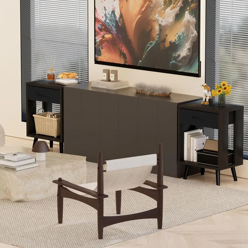 61cm Nightstand Set of 2 with Fabric Drawers Open Wood Shelves End Table