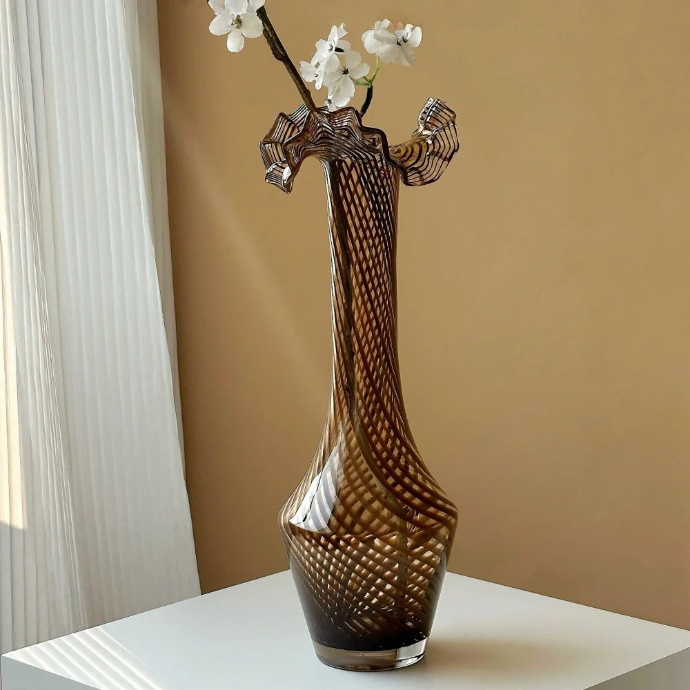 Modern Minimalist Wavy Neck Glass Vase Tabletop Ornament for Home Decor