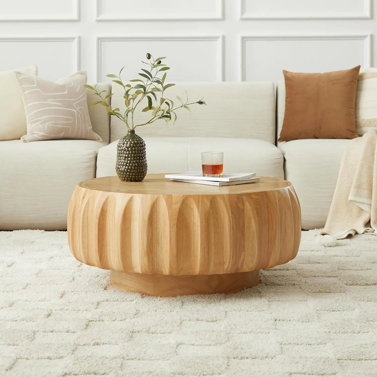 80 cm Modern Round Coffee Table with Sintered Stone Top Wood Veneer Tiered Base Living Room Furniture