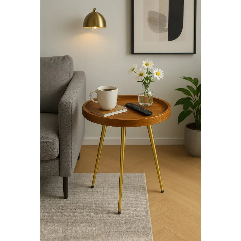 Round Natural Oak Coffee Table with Golden Metal Frame Side End Table