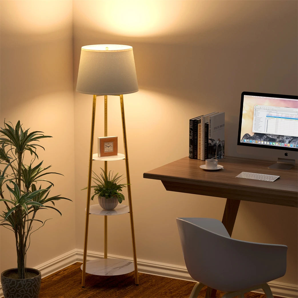 Modern Tripod Floor Lamp Free Standing Light Shade with Shelf Storage for Bedroom Living Room