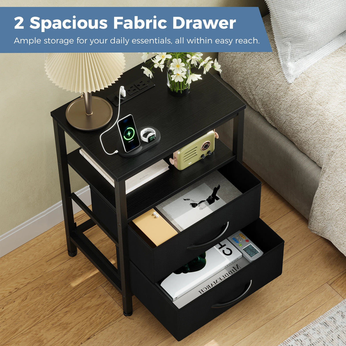 Nightstand with Charging Station and 2 Fabric Drawers 40 cm Wide