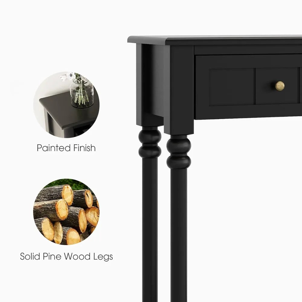 43-Inch Narrow Console Table with Drawers and Shelf Solid Wood Legs Entryway Behind Couch Furniture