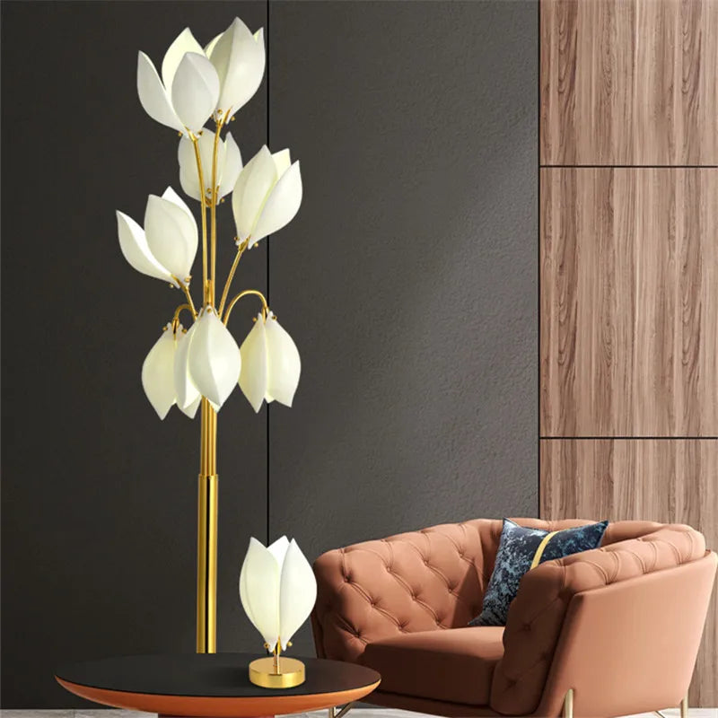 Postmodern Simple Living Room Table Lamp Luxury Villa Ceramic Magnolia Flower Floor Light Study Bedroom Bedside Lamp