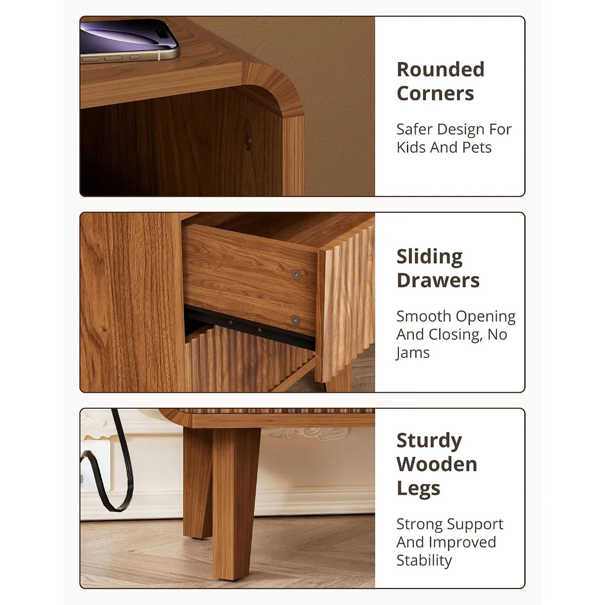 Modern Wooden Nightstand with 2 Drawers Charging Station Bedside Table Walnut