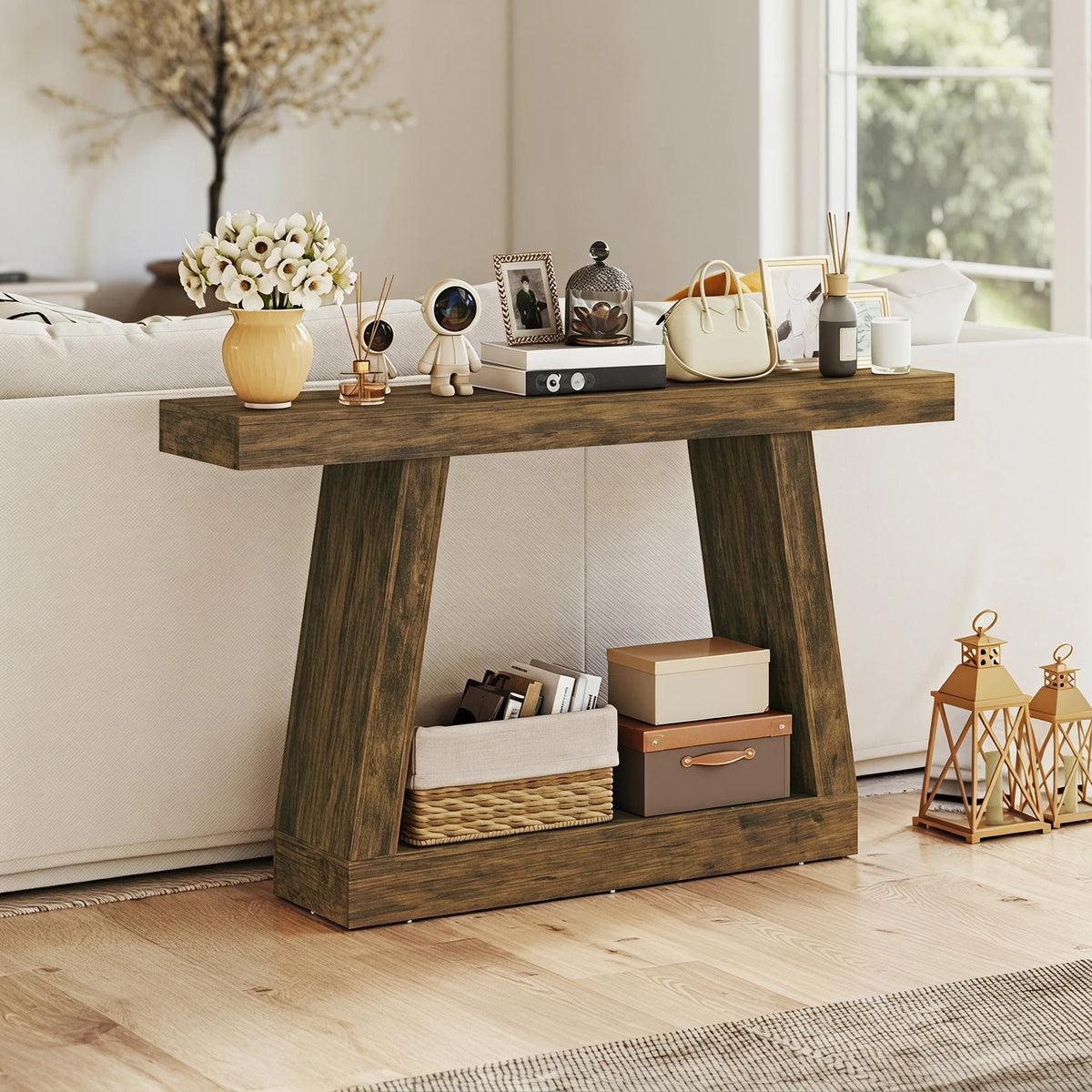 55.1" Narrow Entryway Table 2-Tier Console Table with Thickened Tabletop Storage Shelf Trapezoidal Base Rustic Brown