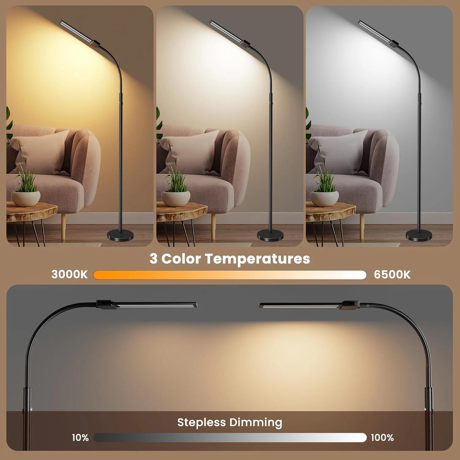 Modern LED Floor Lamp 3 Color Modes 10 Brightness Adjustable Flexible Gooseneck USB Standing Lamp for Living Room Reading Study Workbench