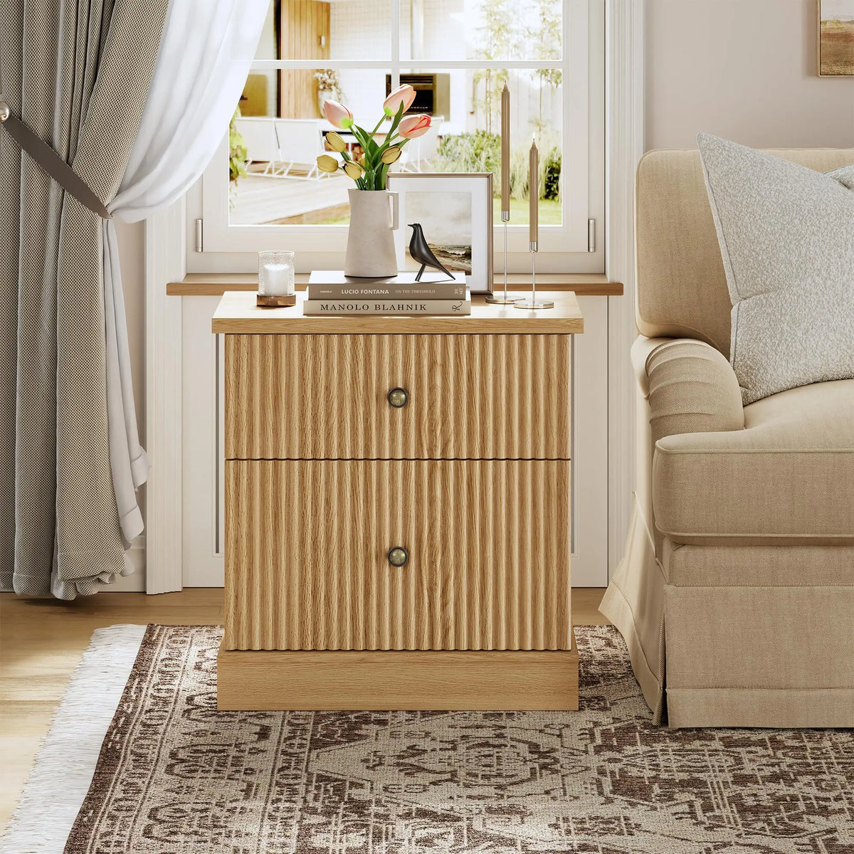 Mid Century Fluted Nightstand with 2 Storage Drawers Bedside Table Natural