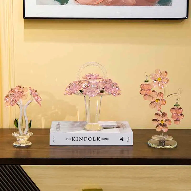 Modern Crystal Flower Basket Sculpture for Tabletop Decor