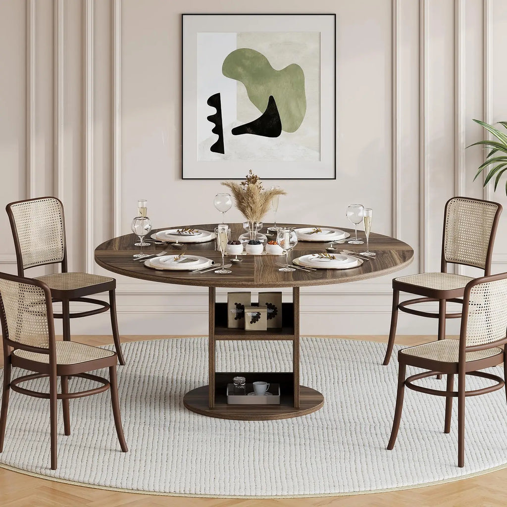 Farmhouse Round Dining Table with Pedestal Base and 2-Tier Storage