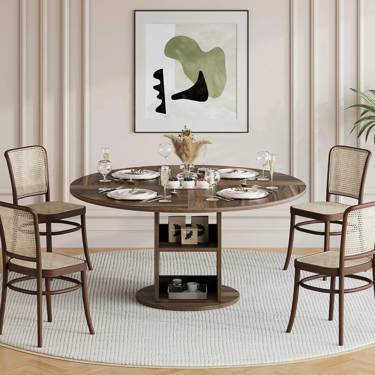 Farmhouse Round Dining Table with Pedestal Base and 2-Tier Storage