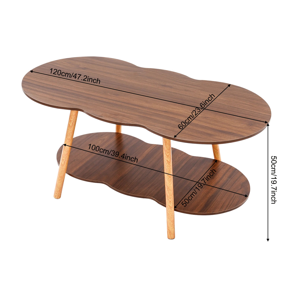 2-Tier Modern Coffee Table with Cloud-Shaped Tabletop and Bottom Shelf, 30 kg Capacity, Sturdy Density Board for Living Room Office, Black Walnut