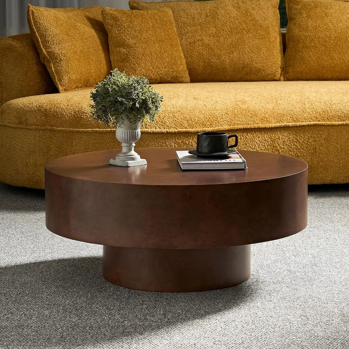 80 cm Modern Round Coffee Table with Sintered Stone Top Wood Veneer Tiered Base Living Room Furniture