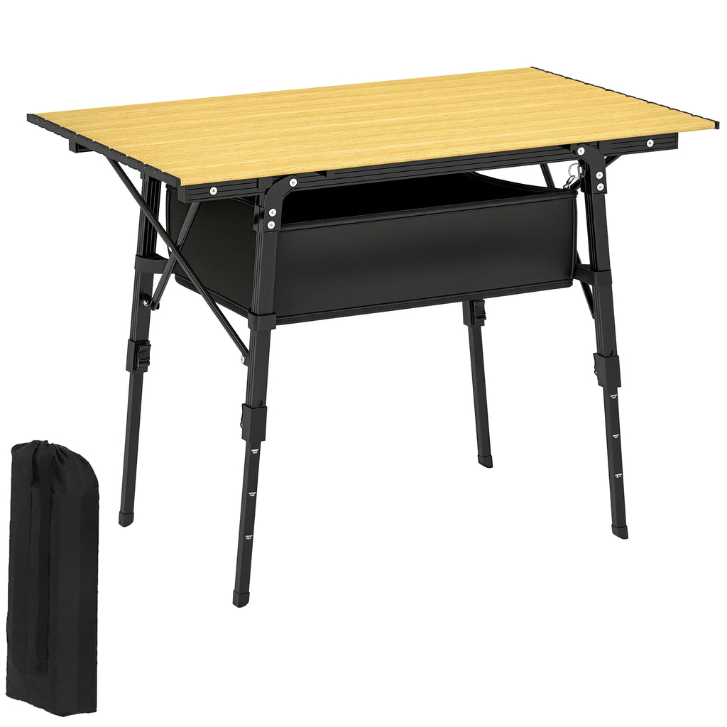 Height Adjustable Folding Camping Table with Storage Basket Portable Aluminum Outdoor Table 90 cm x 55 cm