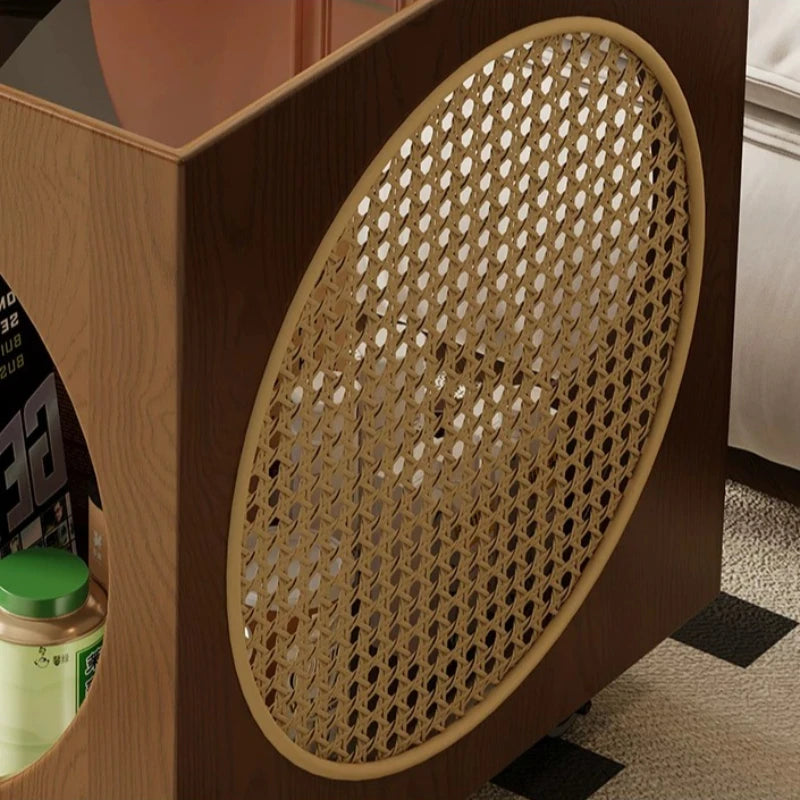 Round Rattan Glass Top Storage Coffee Table for Living Room