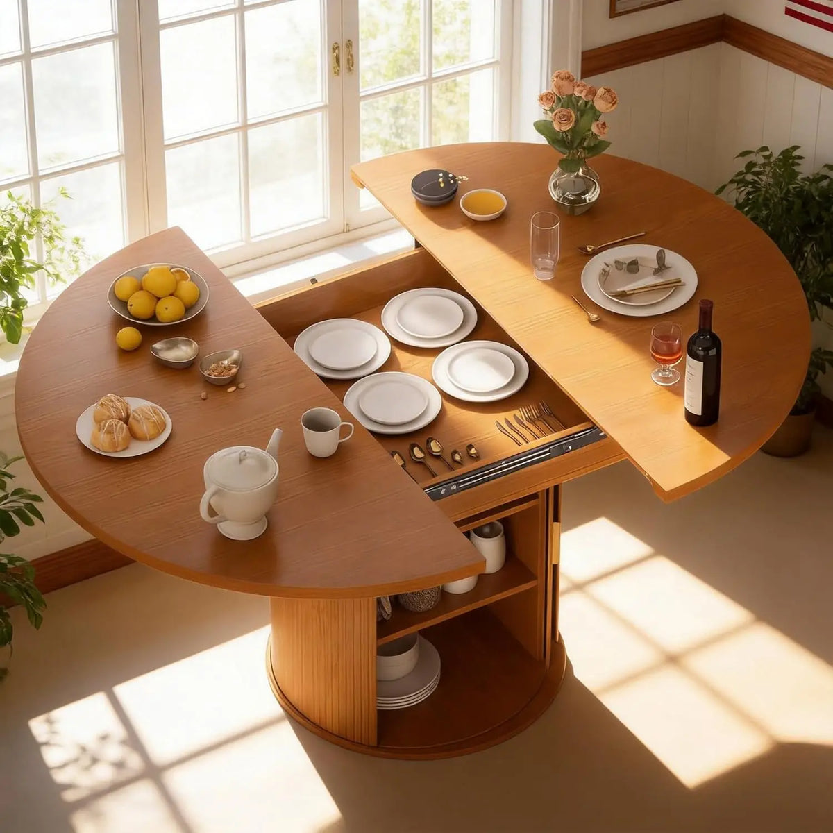 Modern Extendable Round Dining Table with Storage Cabinet