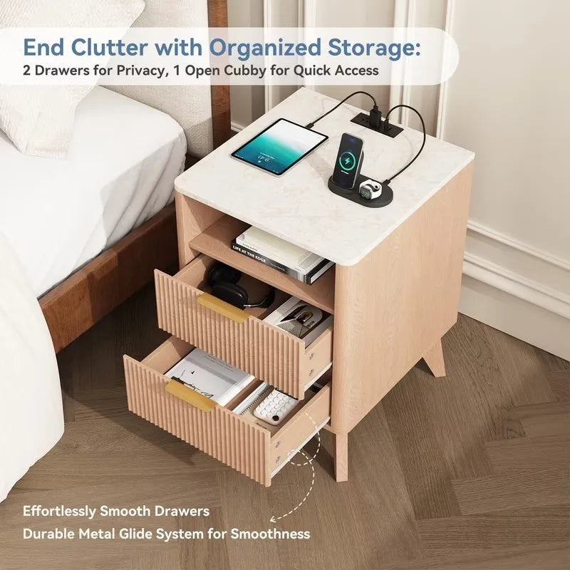 64cm Modern Nightstand with 2 Drawers Charging Station Faux Marble Top