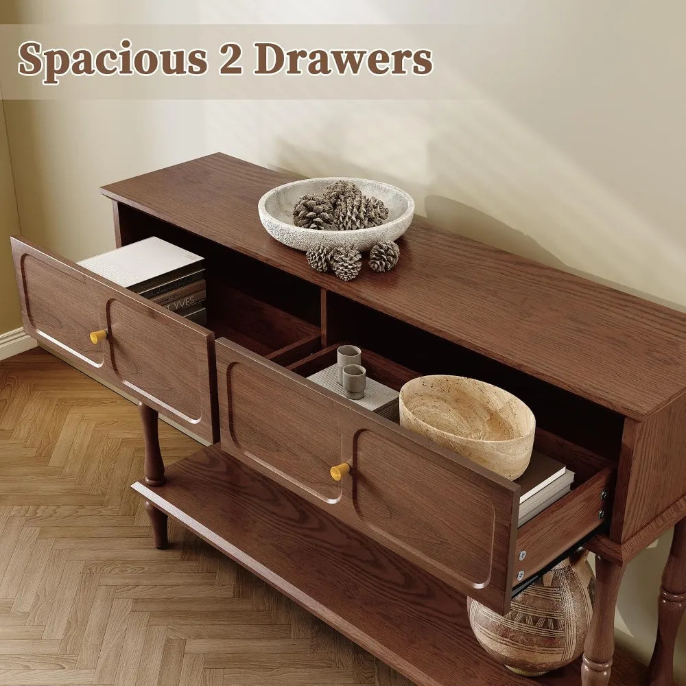 Narrow Mid-Century Wooden Console Table with Drawers and Storage