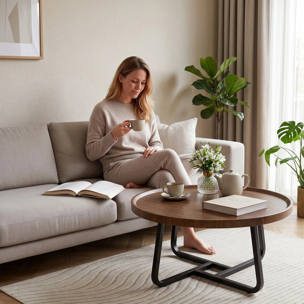 50 cm Minimalist Round Side Table Small Coffee Tea End Table with Metal Frame for Living Room Bedroom Decor