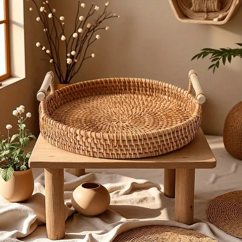 Handmade Woven Rattan Serving Tray Heat-Resistant Tabletop Storage Basket