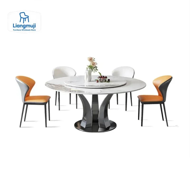Modern Round Dining Table with Turntable Minimalist Stainless Steel Base
