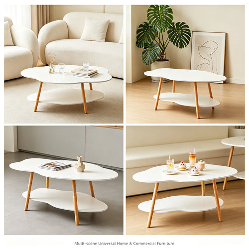 2-Tier Modern Cloud-Shaped Coffee Table with Bottom Shelf White