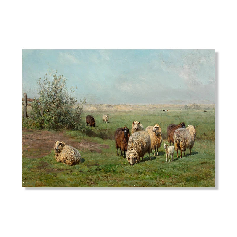 Vintage Sheep Landscape Canvas Painting Poster for Home Decor