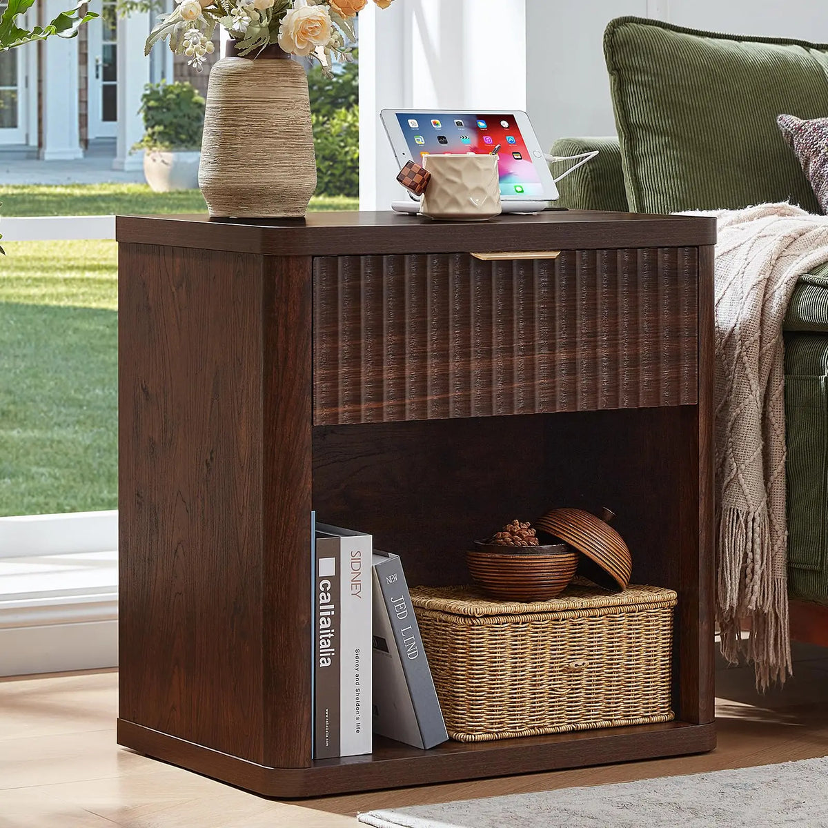 58cm Fluted Farmhouse Nightstand with Drawer Charging Station End Table