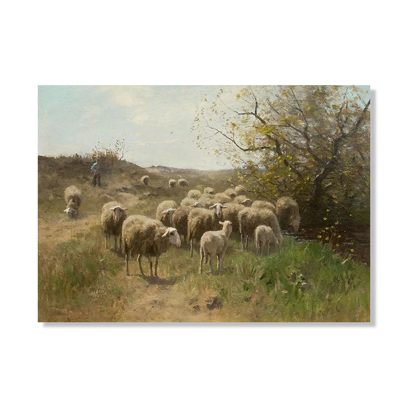 Vintage Sheep Landscape Canvas Painting Poster for Home Decor