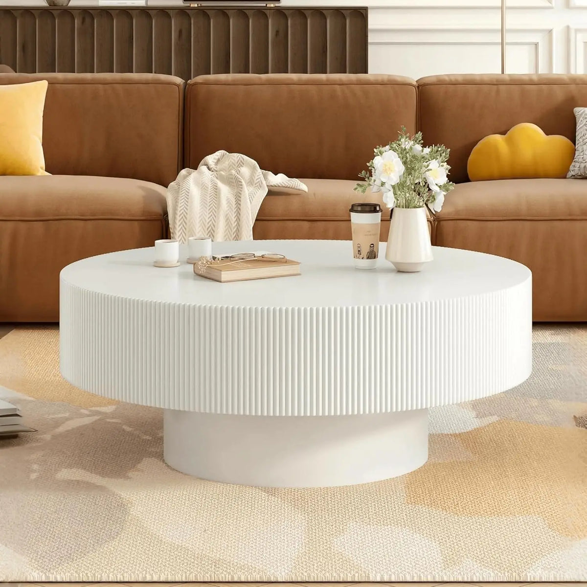 80 cm Modern Round Coffee Table with Sintered Stone Top Wood Veneer Tiered Base Living Room Furniture