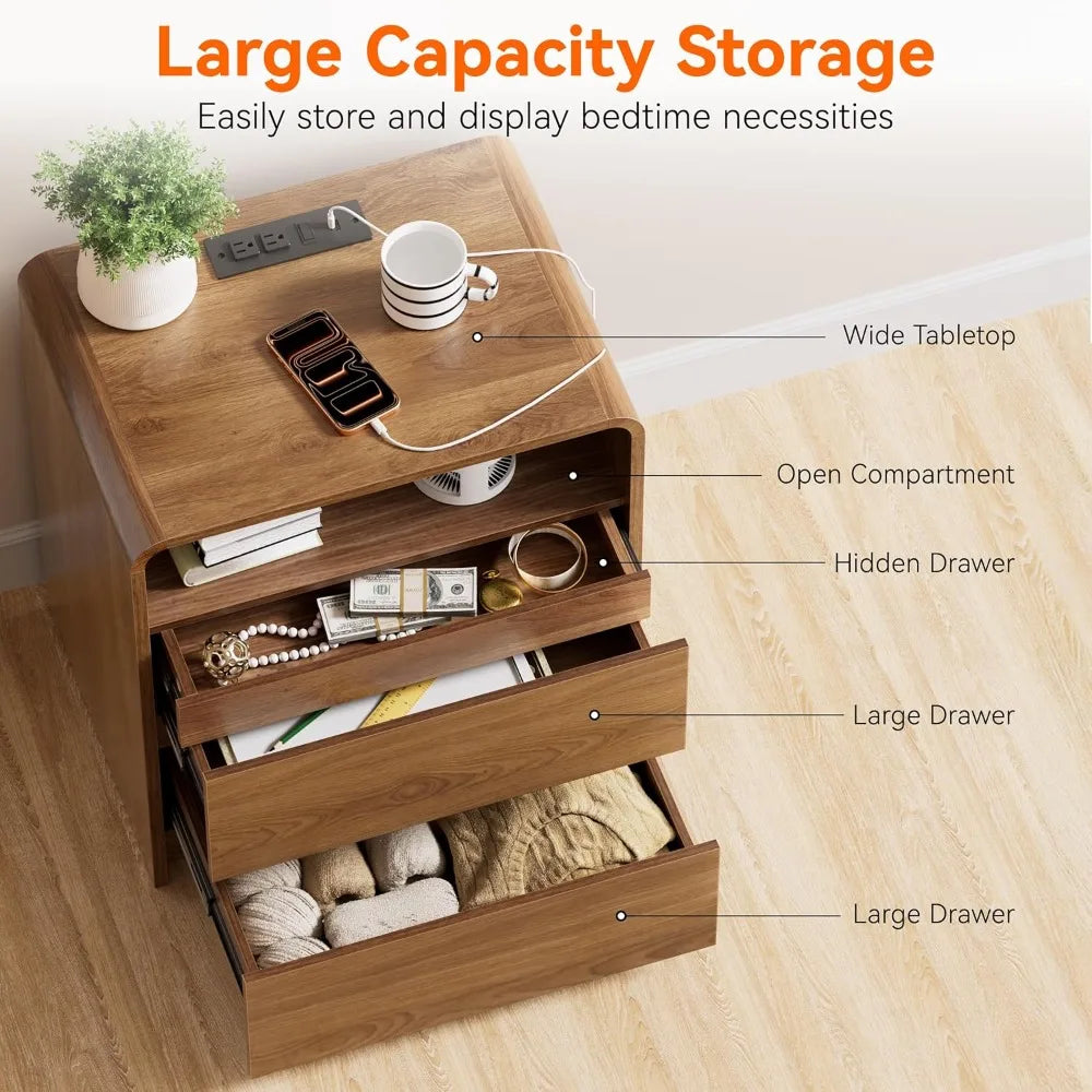 60.5cm Modern Nightstand Set of 2 Wood Bedside Tables Hidden Drawers Walnut