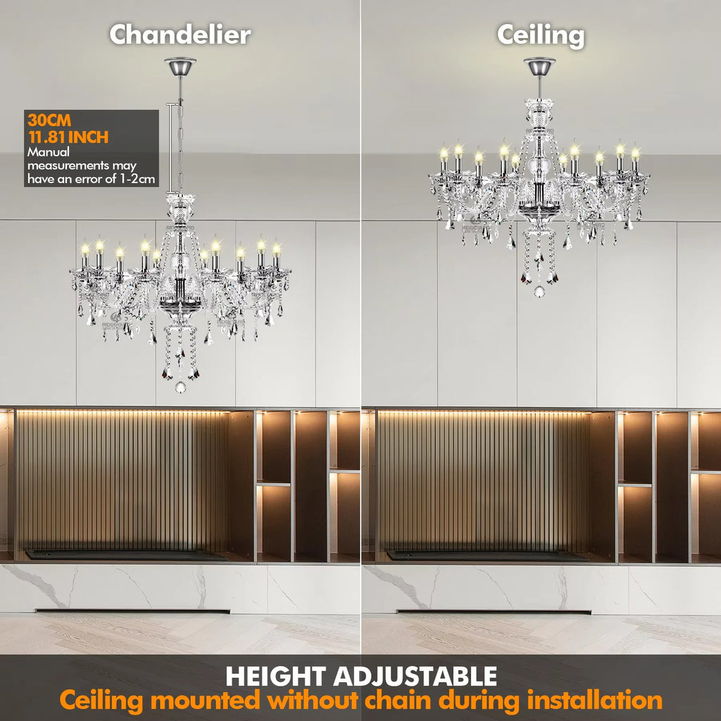 10-Light Clear Cognac Crystal Chandelier Ceiling Light Gold