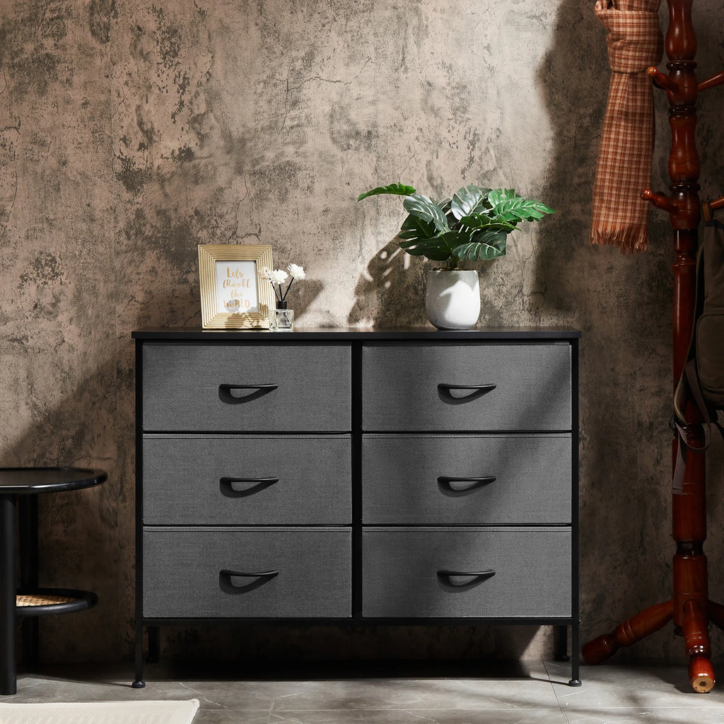6-Drawer Fabric Nightstand Bedside Table with Metal Frame and Wooden Top