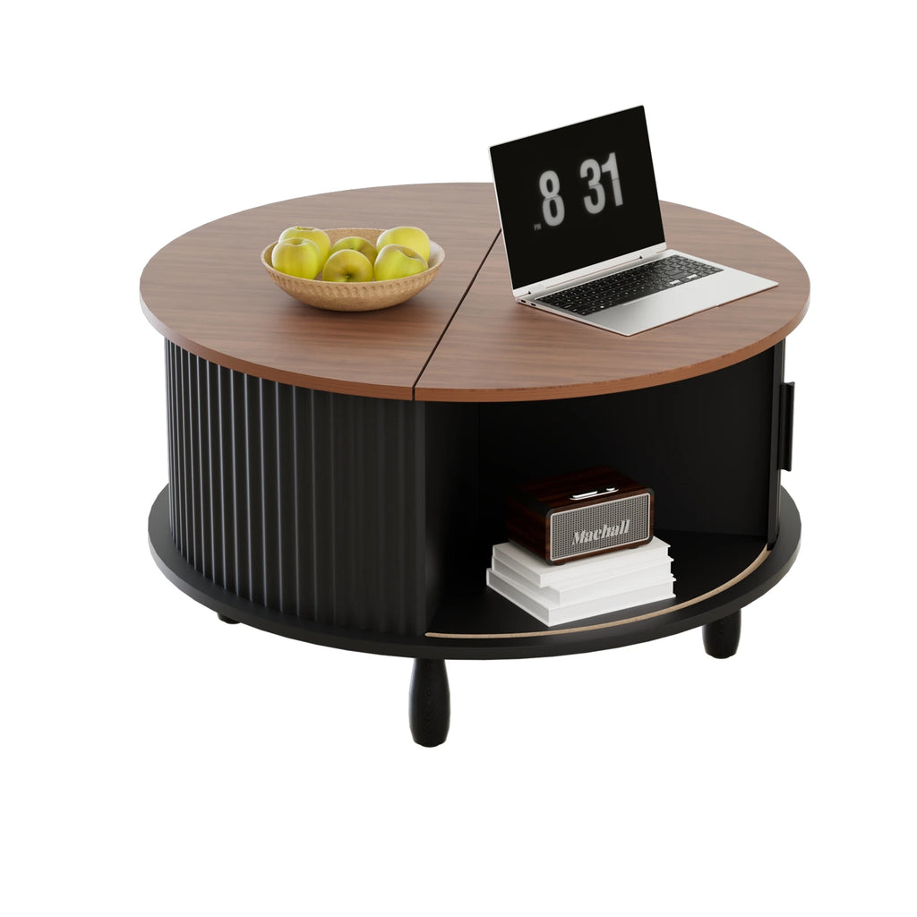 80cm Modern Round Wooden Coffee Table with Curved Sliding Door Storage
