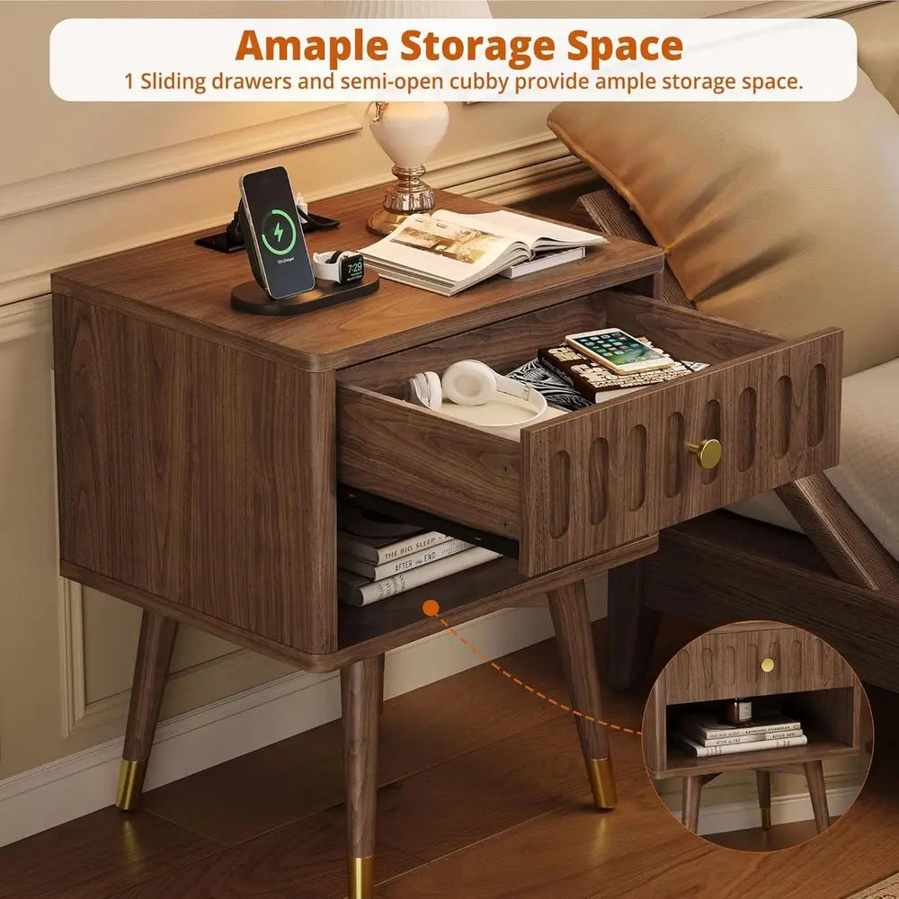 61cm Nightstand Set of 2 with Drawer Charging Station Open Shelf