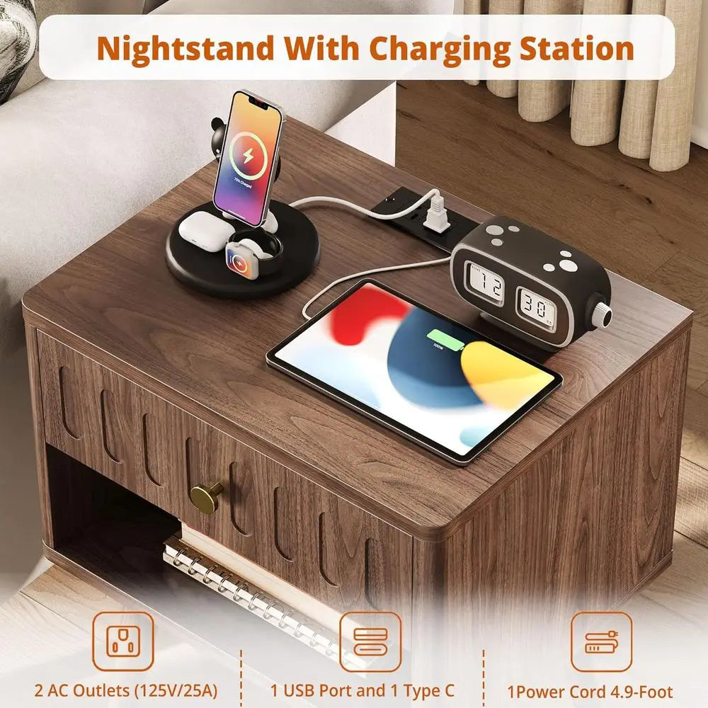 61cm Nightstand Set of 2 with Drawer Charging Station Open Shelf