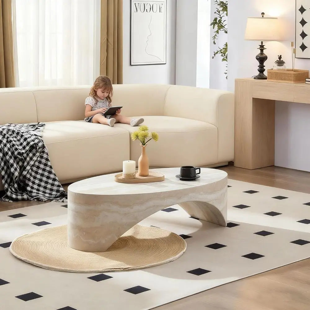 110cm Modern Oval Coffee Table Faux Marble Minimalist Center Table