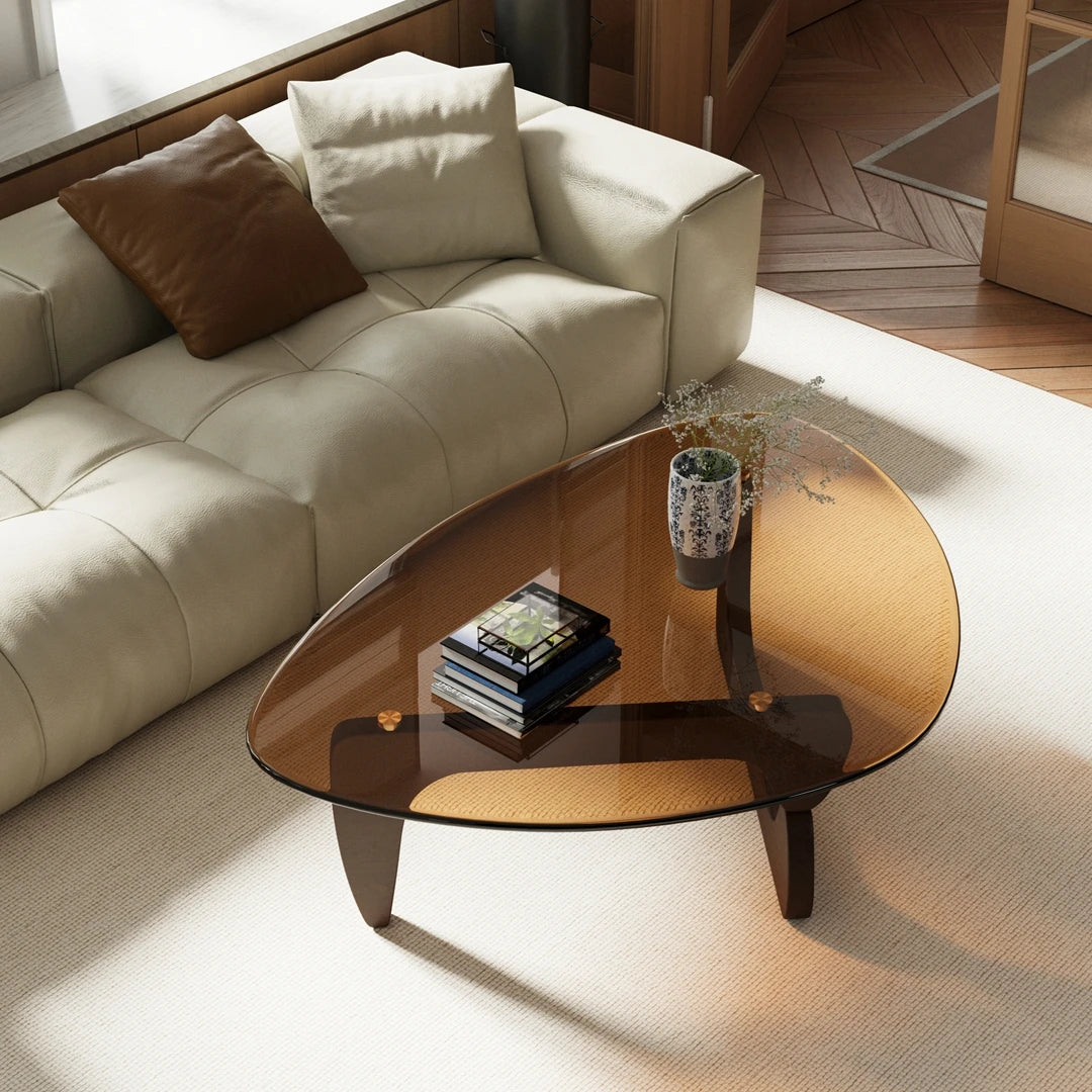 111cm Modern Amber Glass Triangular Coffee Table with Wooden Frame