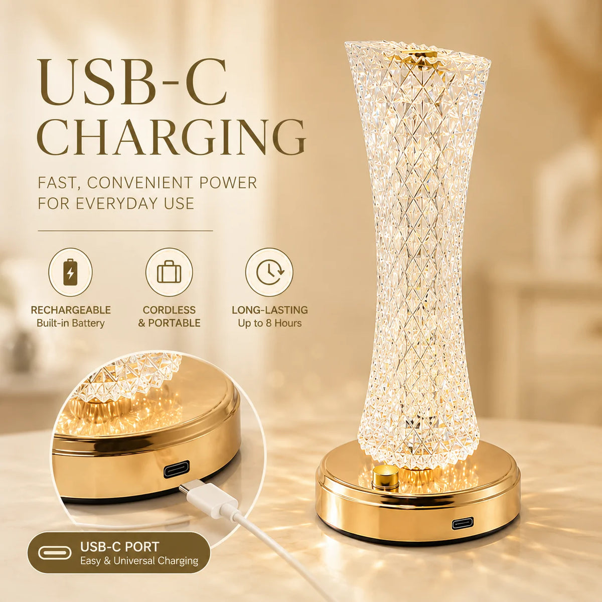 Touch Dimming Crystal LED Table Lamp Modern Bedside Desk Light