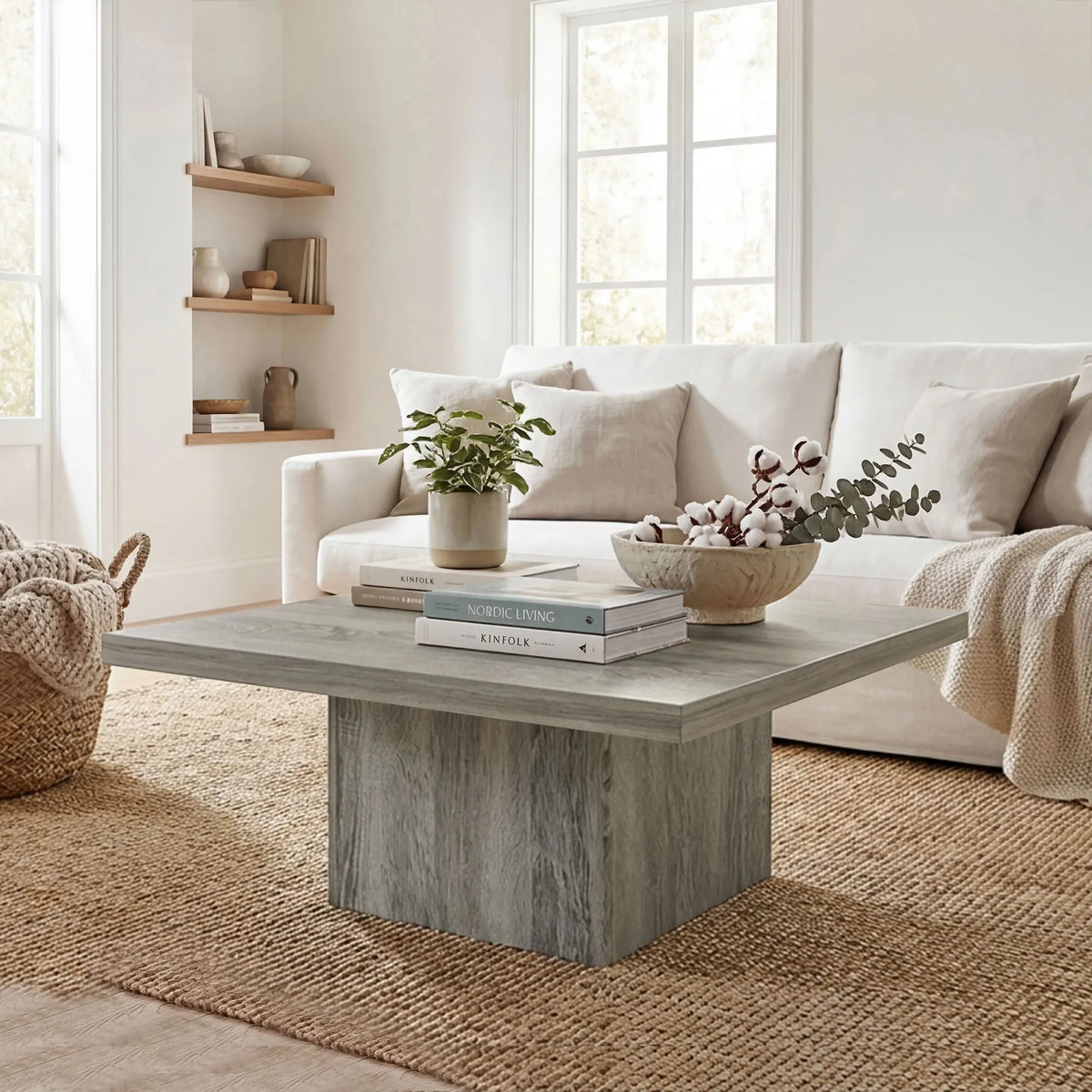 80cm Modern Square Wooden Coffee Table with Gray Wood Grain Finish