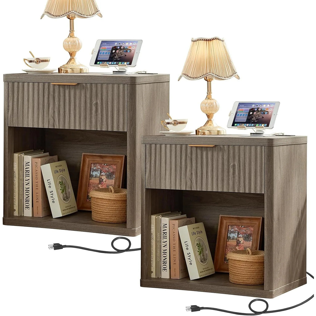 58cm Fluted Farmhouse Nightstand with Drawer Charging Station End Table