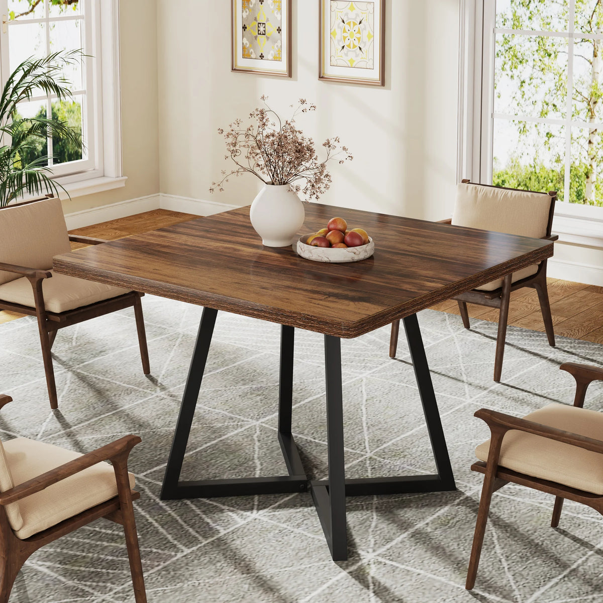 Square Industrial Dining Table with Wooden Top and Metal Base